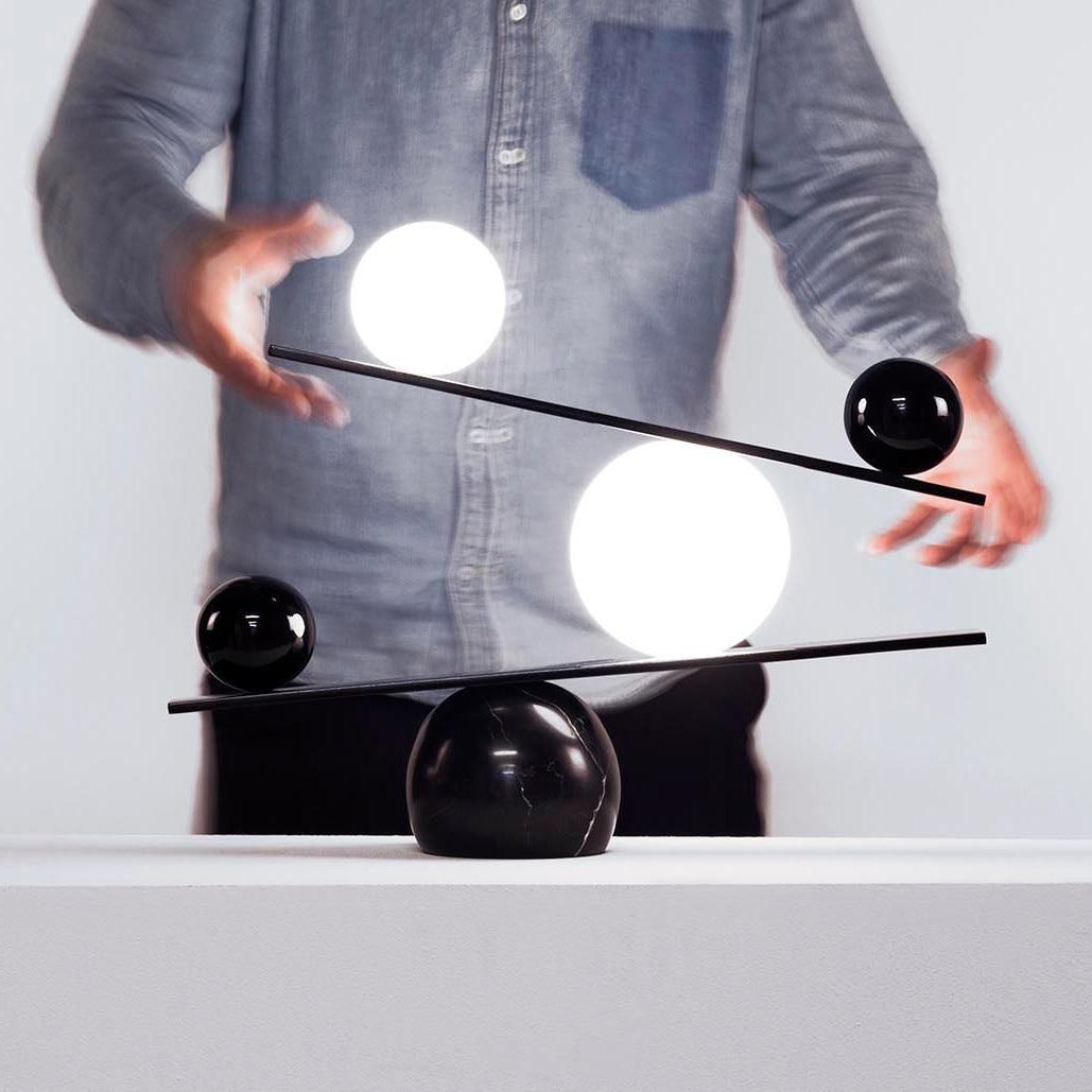 Modern Artistic Balance Table Lamp with Glass Spheres and Black Marble Base