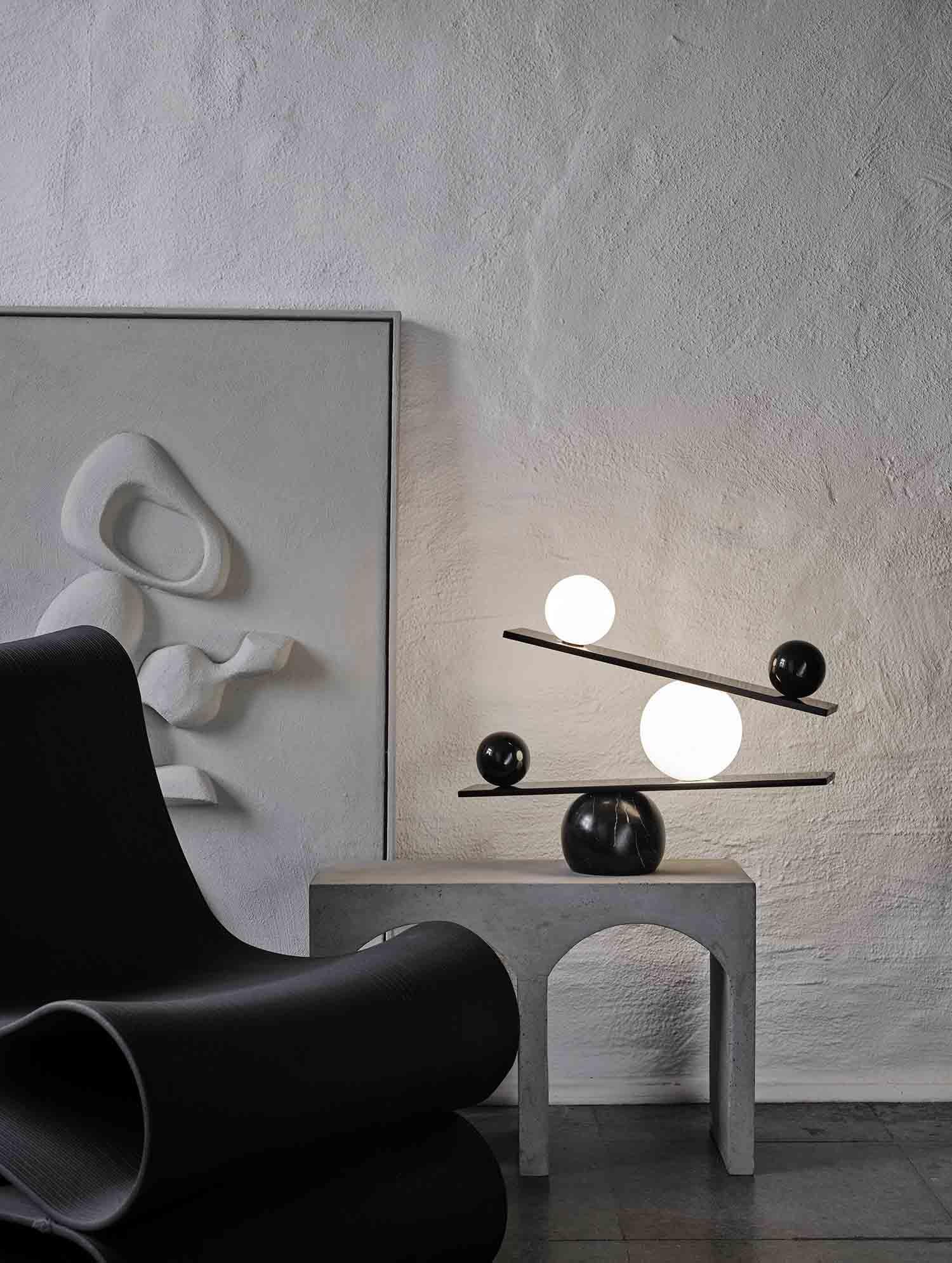 Modern Artistic Balance Table Lamp with Glass Spheres and Black Marble Base