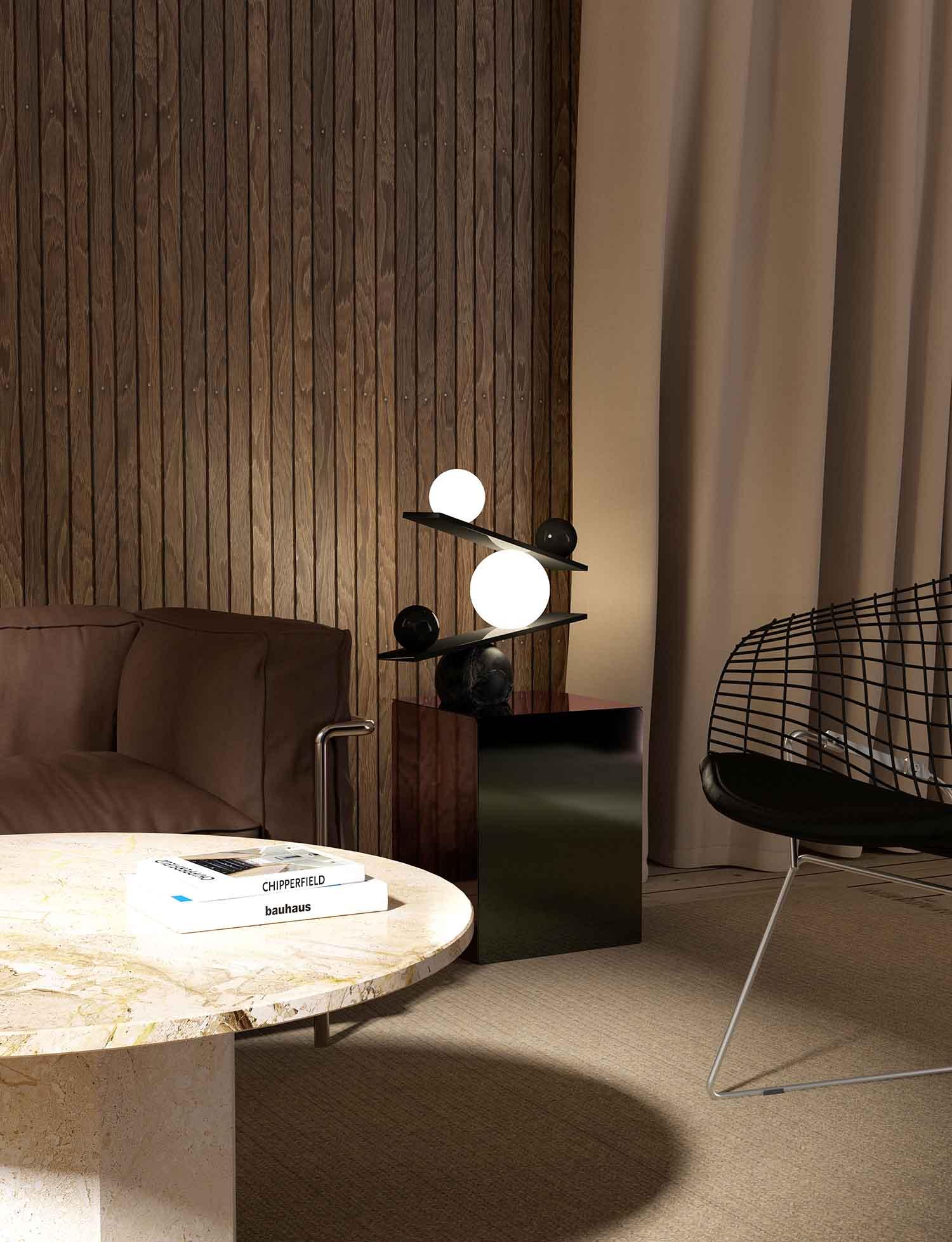 Modern Artistic Balance Table Lamp with Glass Spheres and Black Marble Base