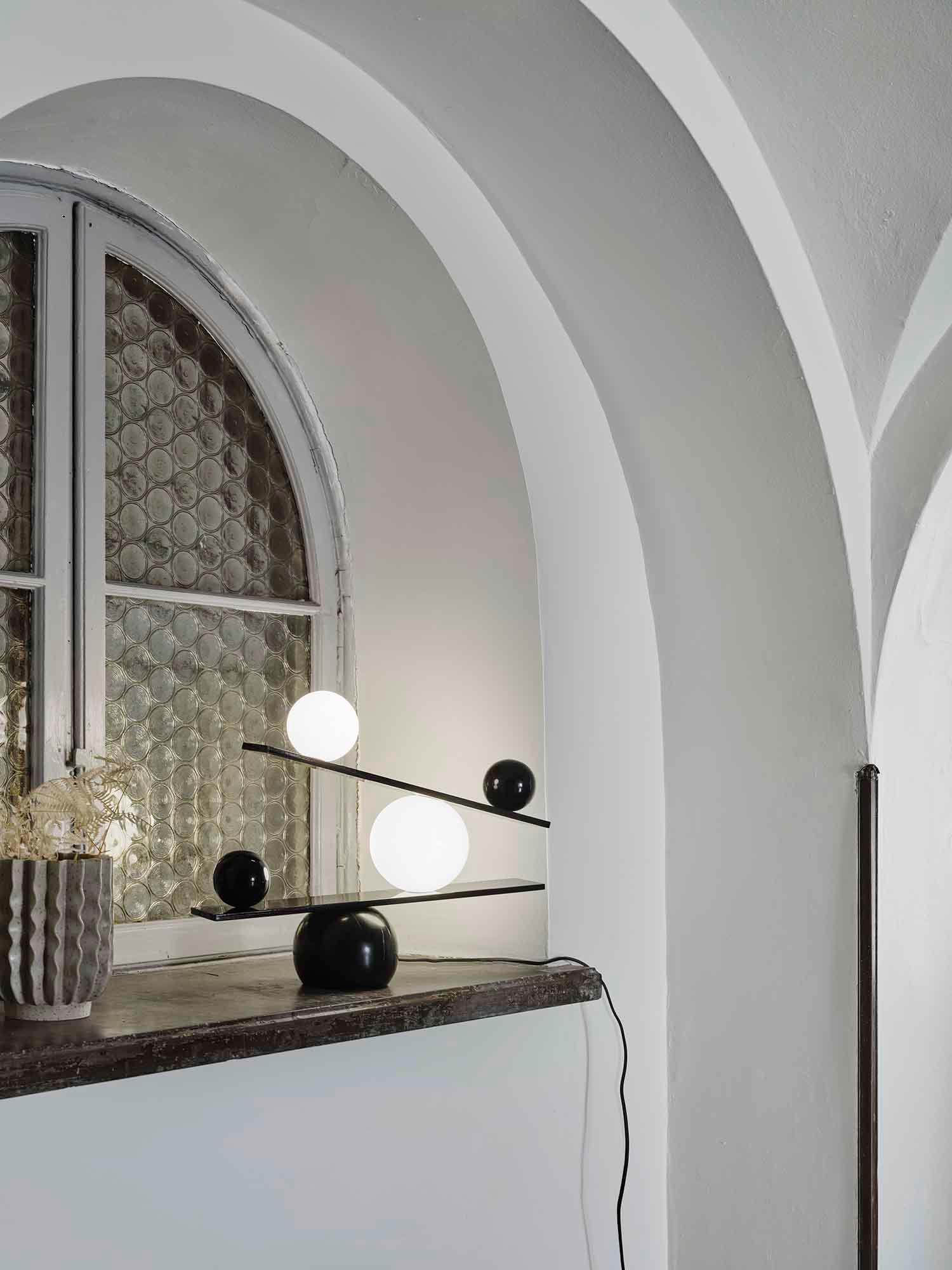 Modern Artistic Balance Table Lamp with Glass Spheres and Black Marble Base