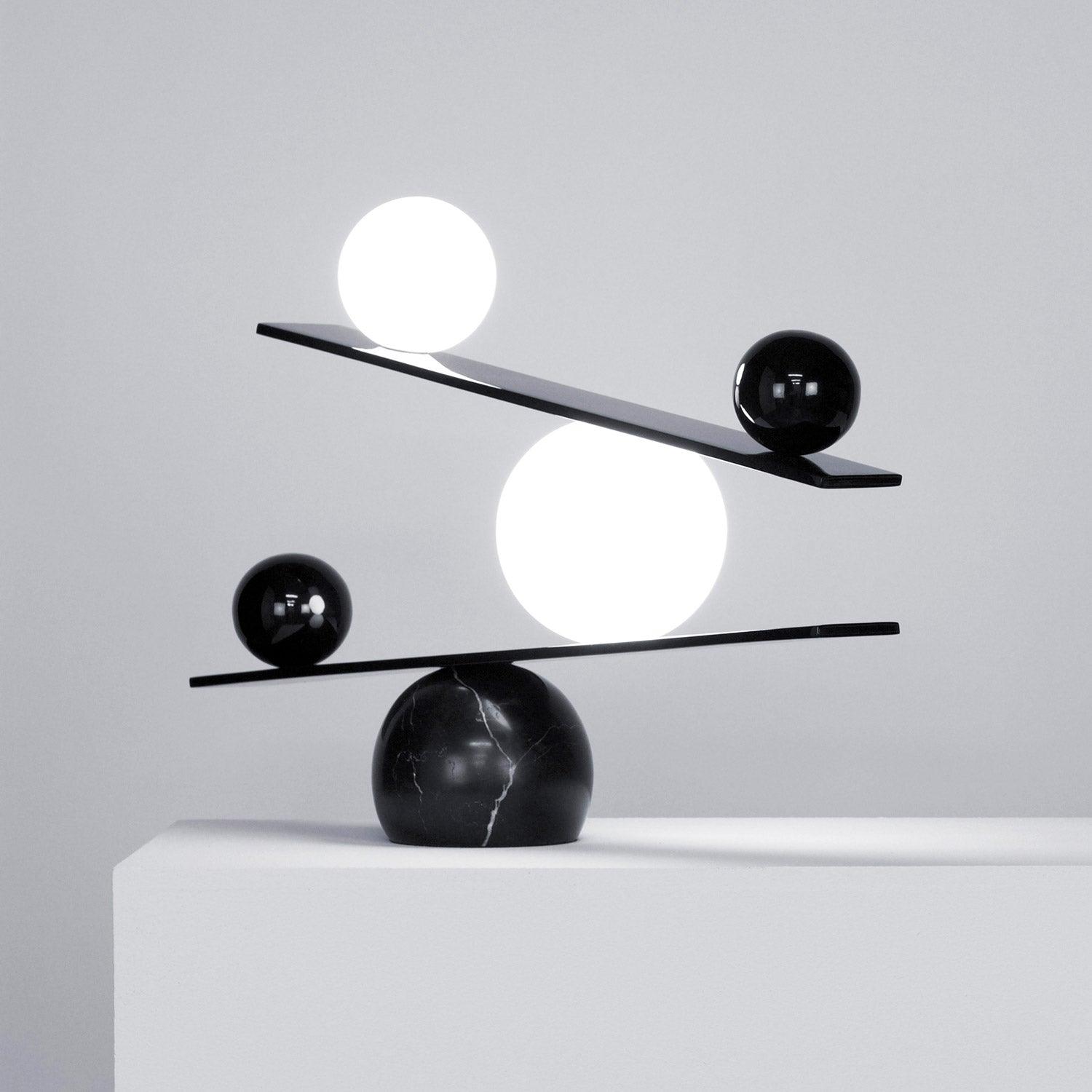 Modern Artistic Balance Table Lamp with Glass Spheres and Black Marble Base