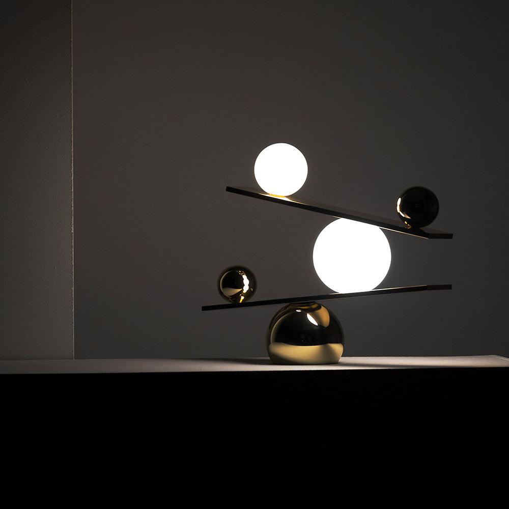 Modern Artistic Balance Table Lamp with Glass Spheres and Black Marble Base