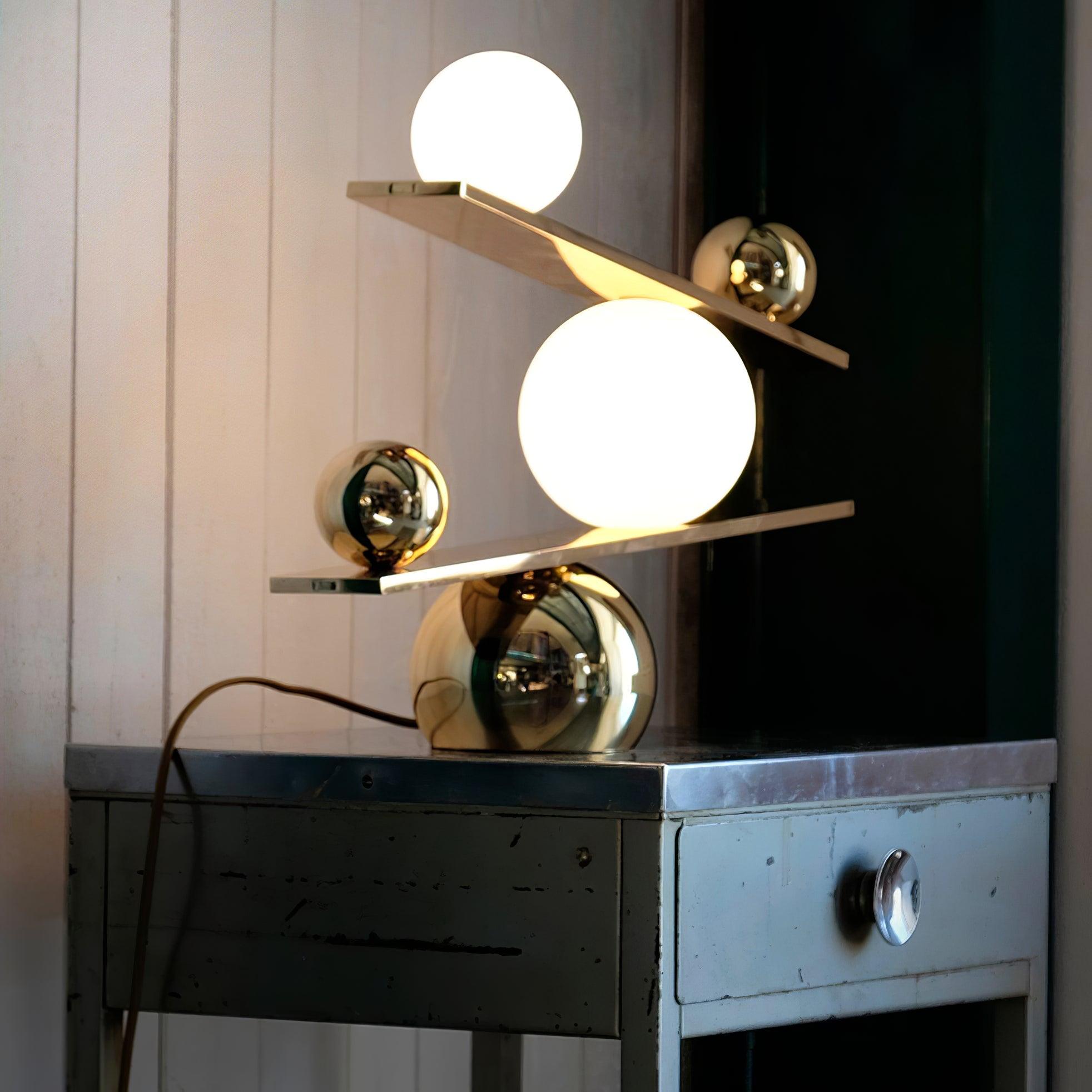 Modern Artistic Balance Table Lamp with Glass Spheres and Black Marble Base