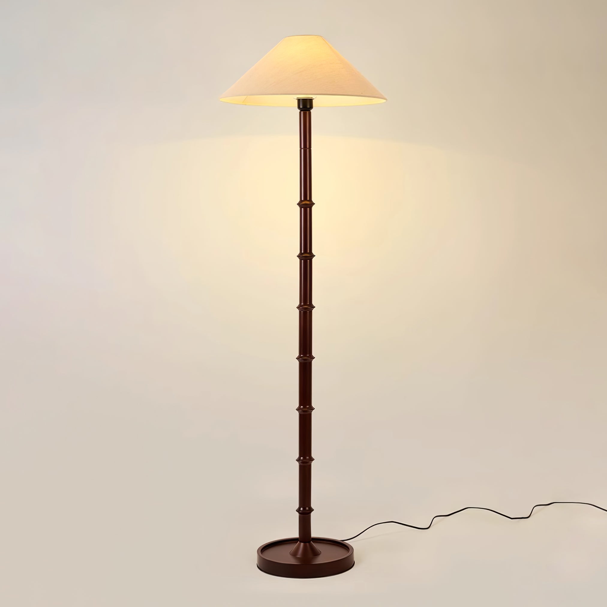 Natural Bamboo Knot Wood Floor Lamp with White Fabric Shade for Living Room and Bedroom