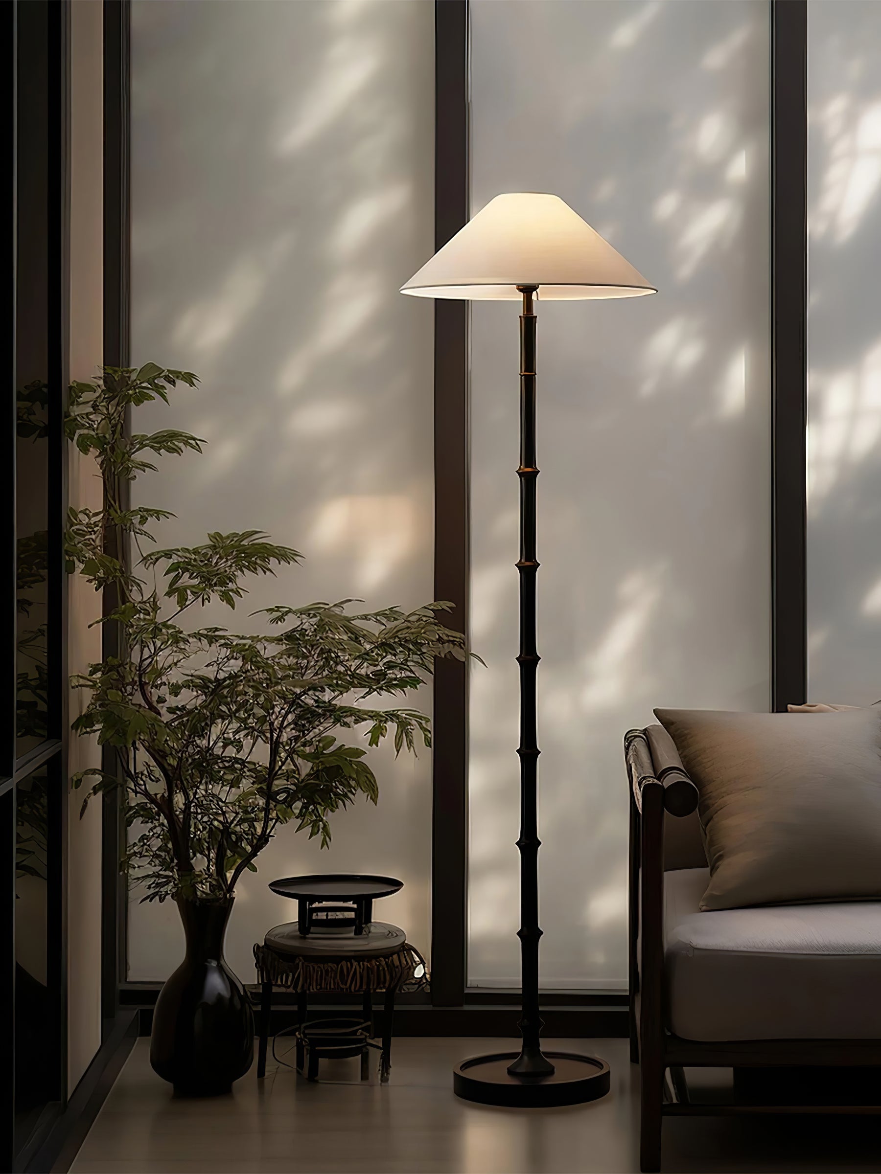 Natural Bamboo Knot Wood Floor Lamp with White Fabric Shade for Living Room and Bedroom