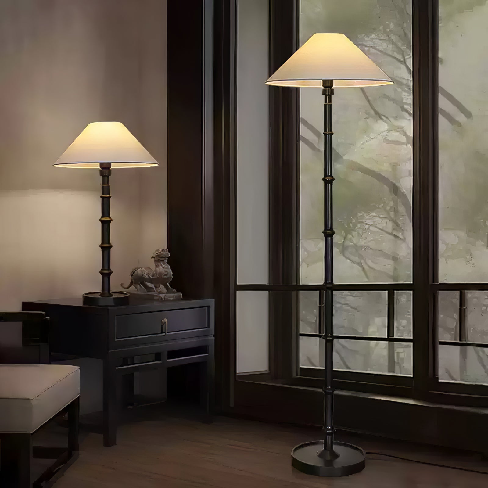 Natural Bamboo Knot Wood Floor Lamp with White Fabric Shade for Living Room and Bedroom