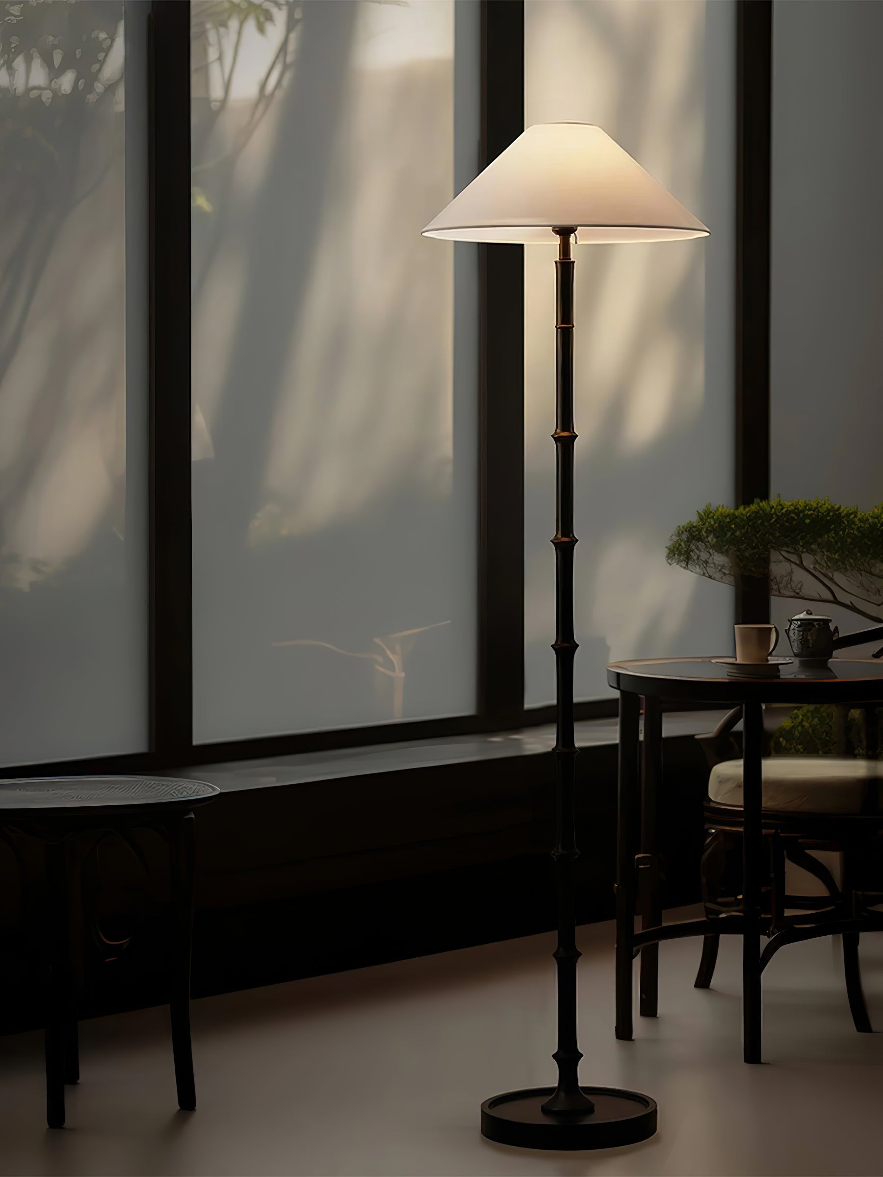 Natural Bamboo Knot Wood Floor Lamp with White Fabric Shade for Living Room and Bedroom
