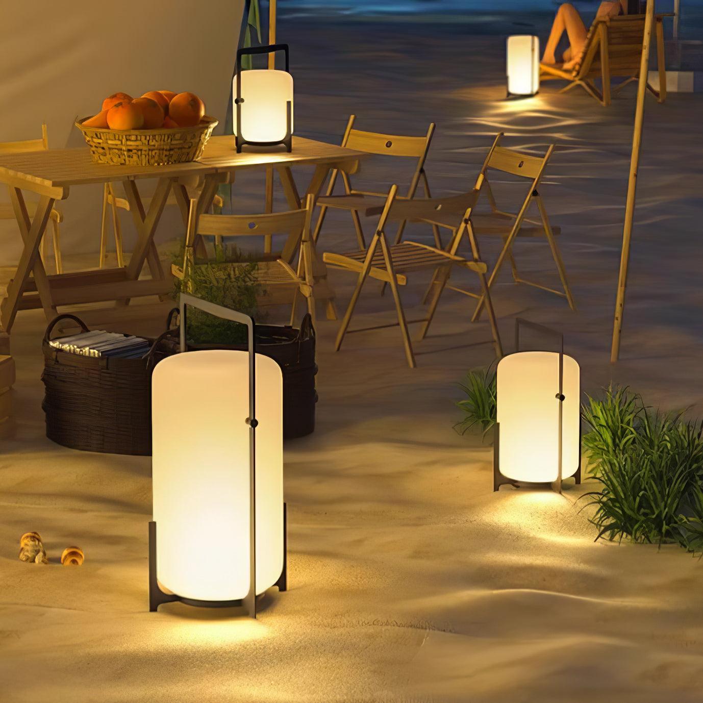 Modern Black Outdoor Portable Lantern Table Lamp with Blown Glass Shade