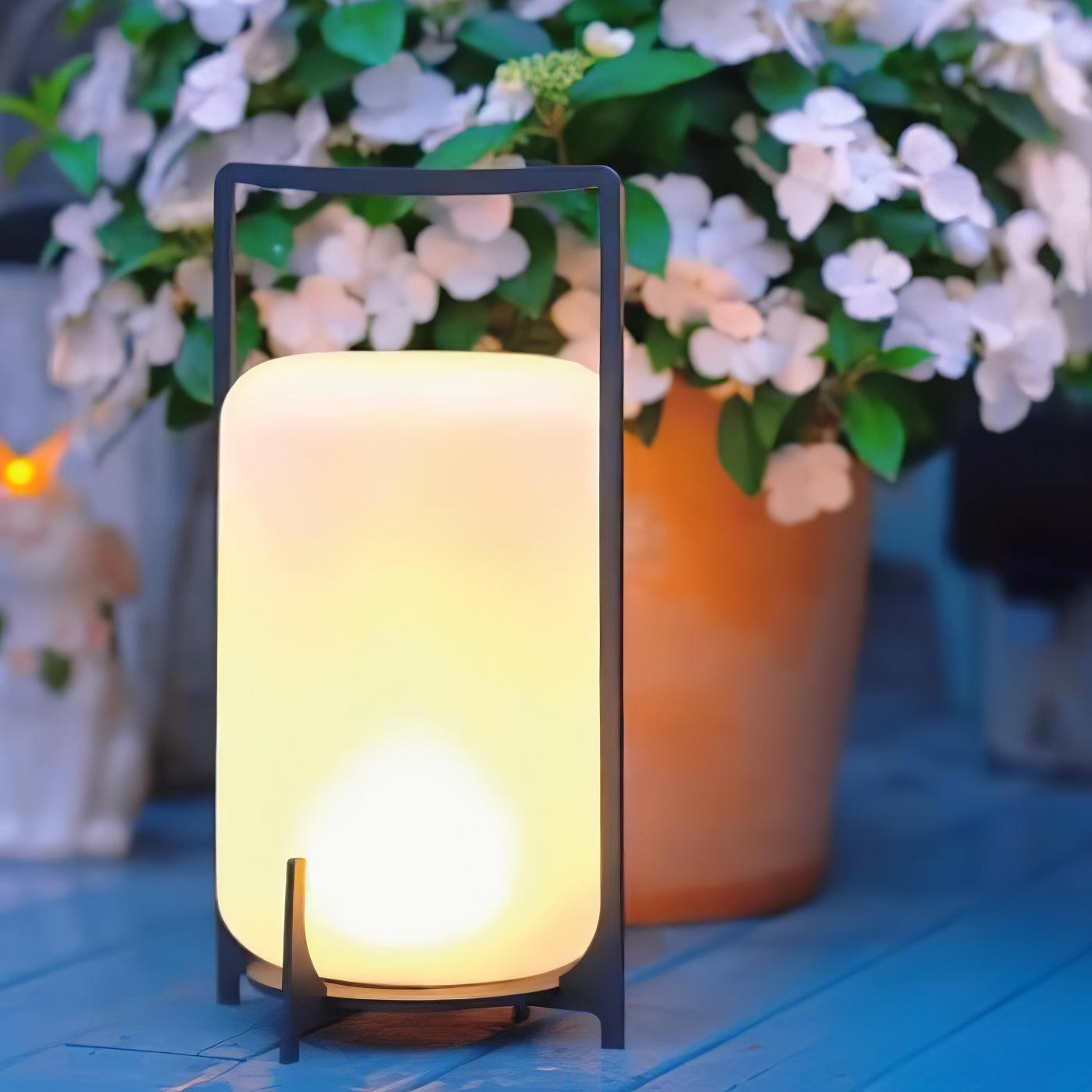 Modern Black Outdoor Portable Lantern Table Lamp with Blown Glass Shade