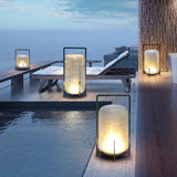 Modern Black Outdoor Portable Lantern Table Lamp with Blown Glass Shade