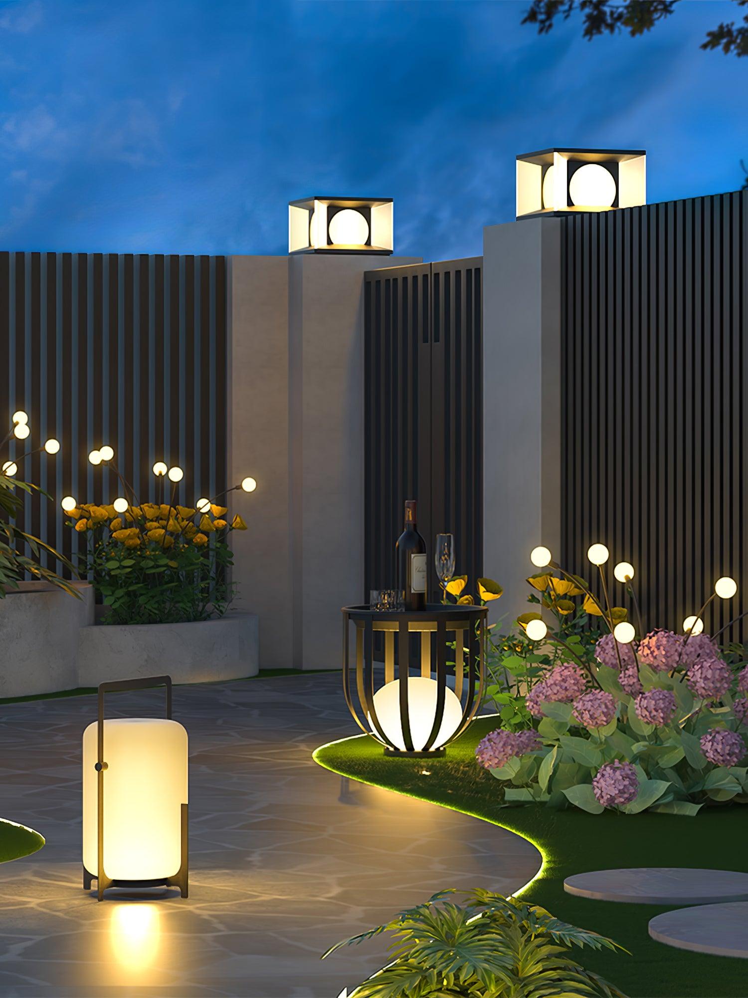 Modern Black Outdoor Portable Lantern Table Lamp with Blown Glass Shade