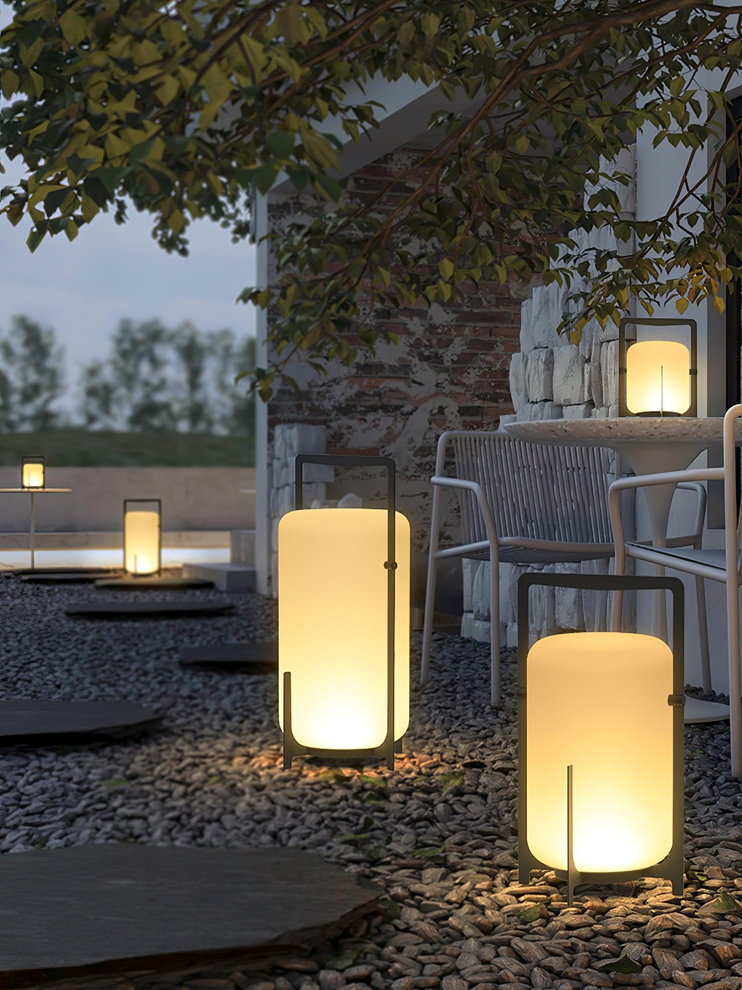 Modern Black Outdoor Portable Lantern Table Lamp with Blown Glass Shade
