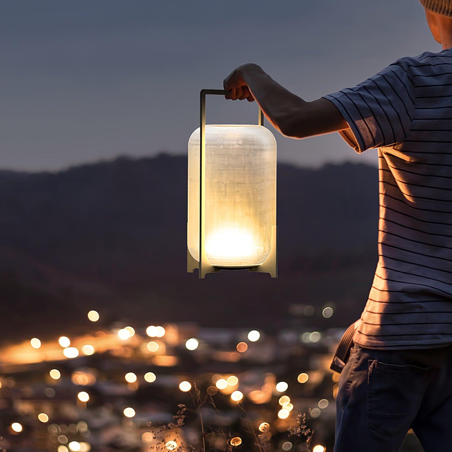 Modern Black Outdoor Portable Lantern Table Lamp with Blown Glass Shade