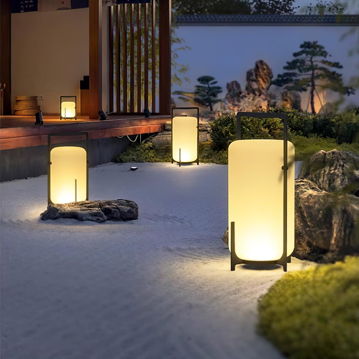 Modern Black Outdoor Portable Lantern Table Lamp with Blown Glass Shade