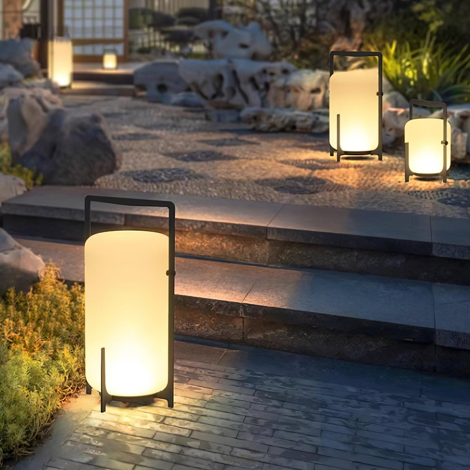 Modern Black Outdoor Portable Lantern Table Lamp with Blown Glass Shade