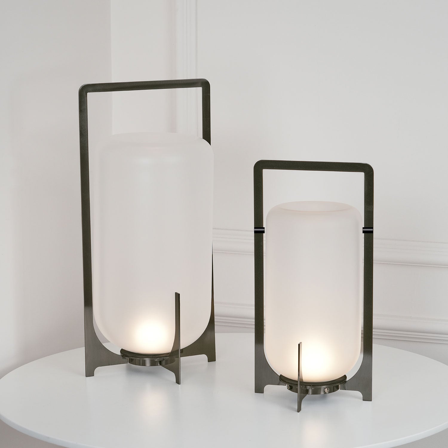 Modern Black Outdoor Portable Lantern Table Lamp with Blown Glass Shade