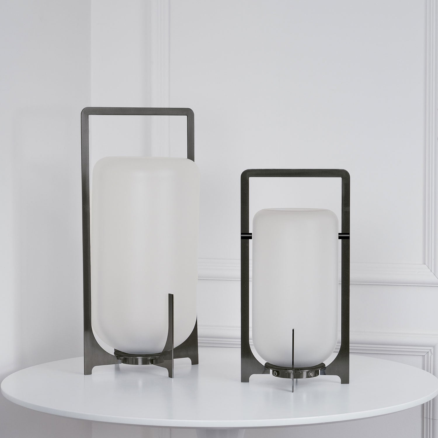 Modern Black Outdoor Portable Lantern Table Lamp with Blown Glass Shade