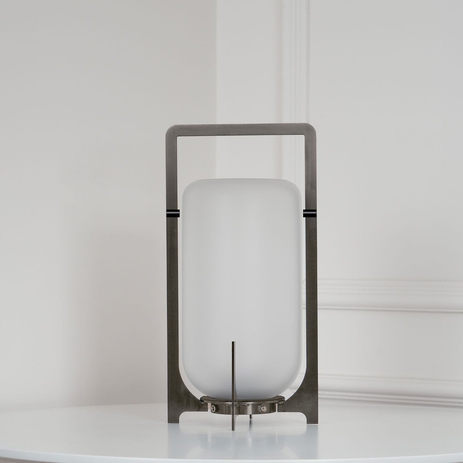 Modern Black Outdoor Portable Lantern Table Lamp with Blown Glass Shade