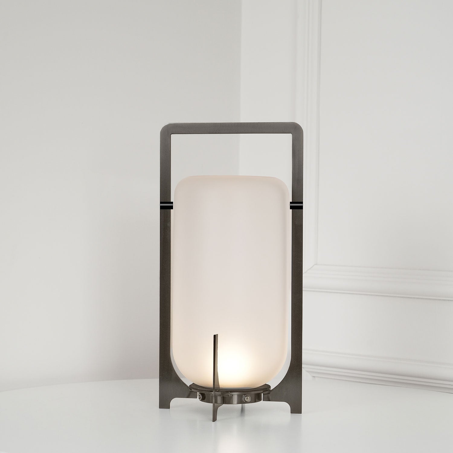 Modern Black Outdoor Portable Lantern Table Lamp with Blown Glass Shade