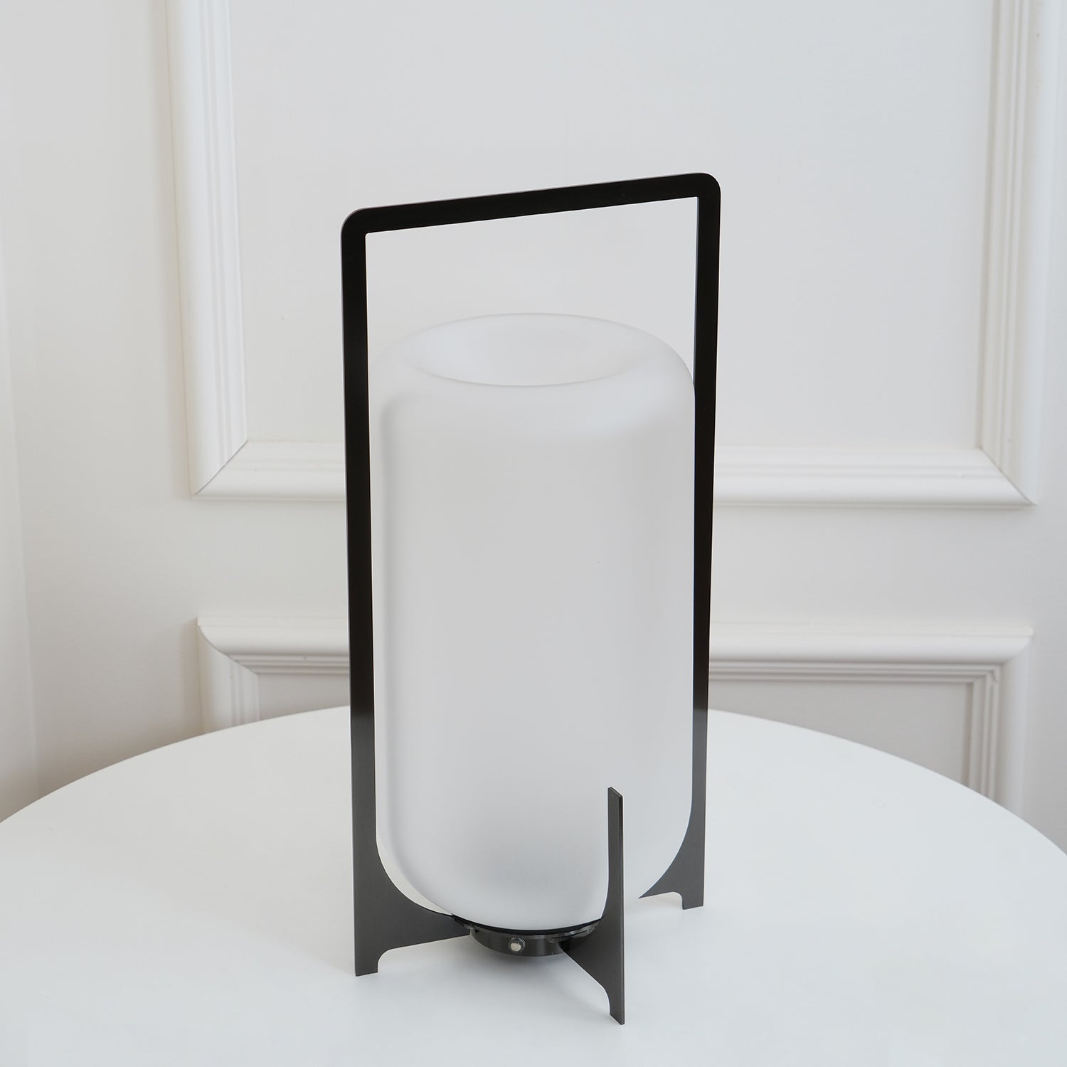 Modern Black Outdoor Portable Lantern Table Lamp with Blown Glass Shade