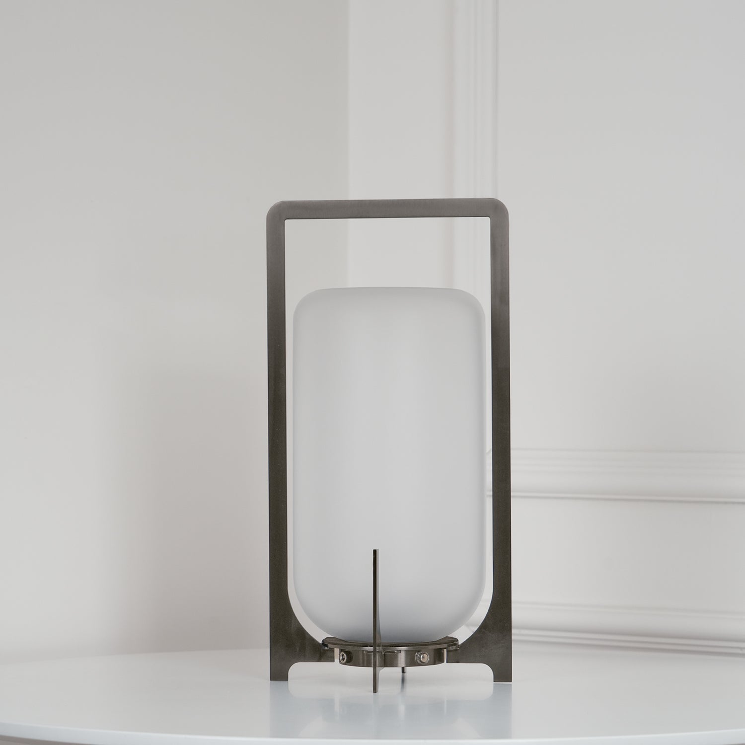 Modern Black Outdoor Portable Lantern Table Lamp with Blown Glass Shade
