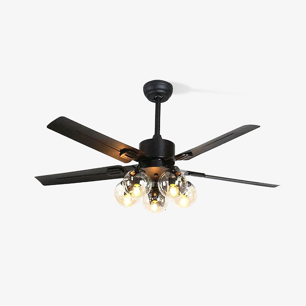 Vintage Industrial Black Ceiling Fan with Glass Globe Lighting and Three Speed Motor