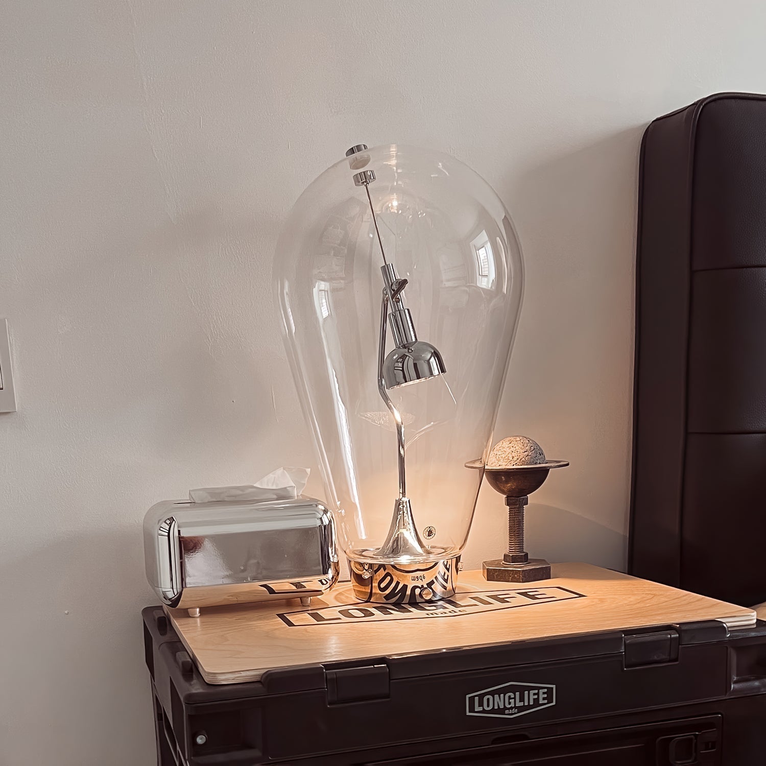 Blow Modern Glass Globe Table Lamp with Chrome Finish and Integrated LED for Nightstands