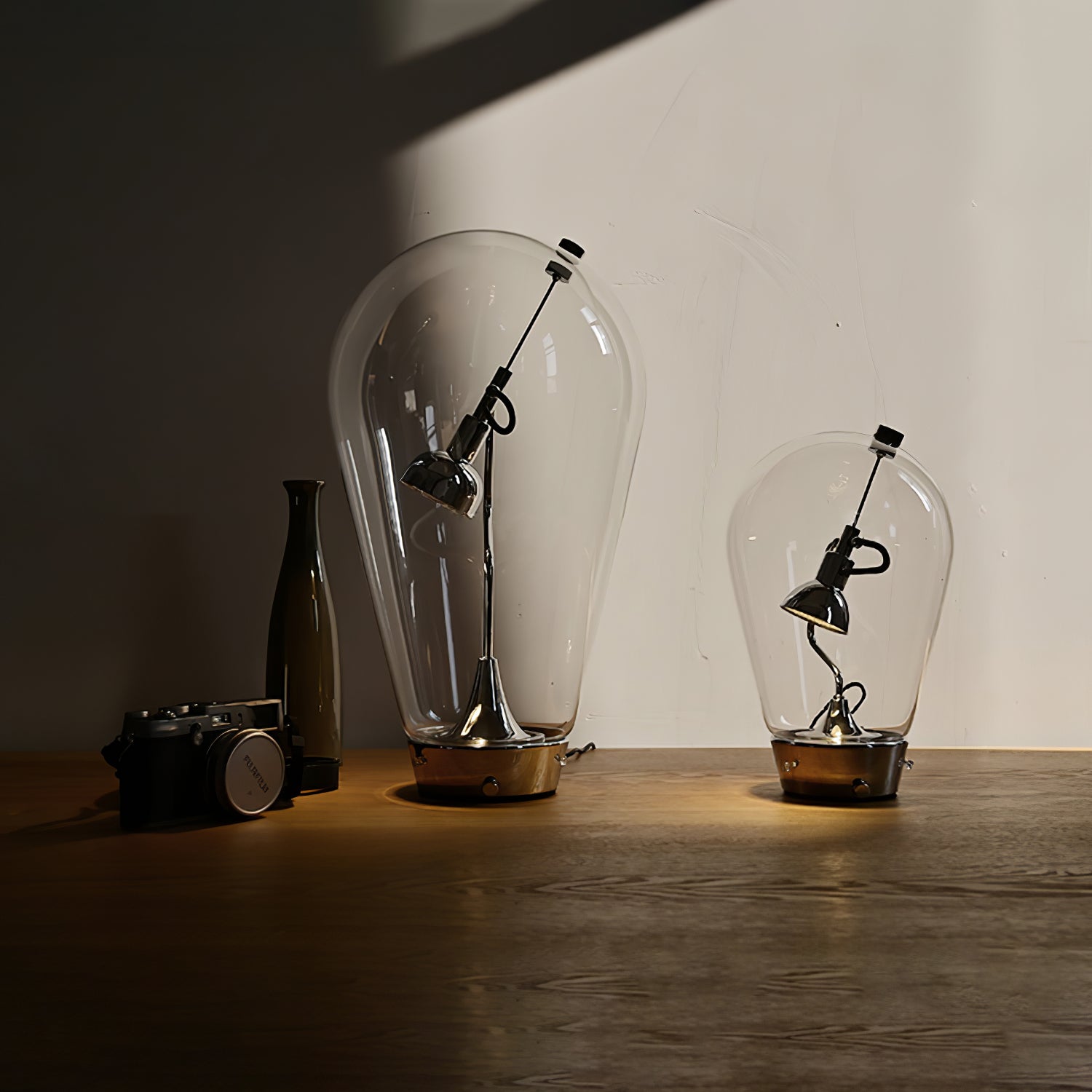 Blow Modern Glass Globe Table Lamp with Chrome Finish and Integrated LED for Nightstands