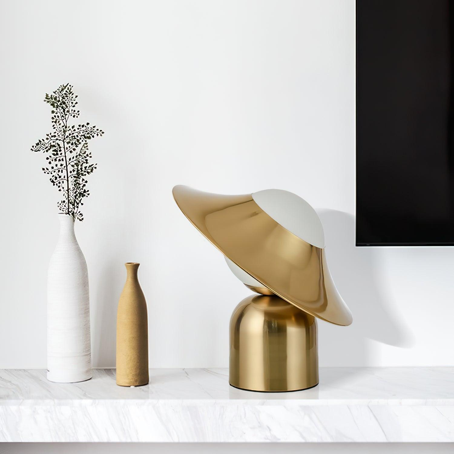 Modern Bonbon Disc Gold Side Table Lamp with Geometric Adjustable Shade for Desk and Nightstand