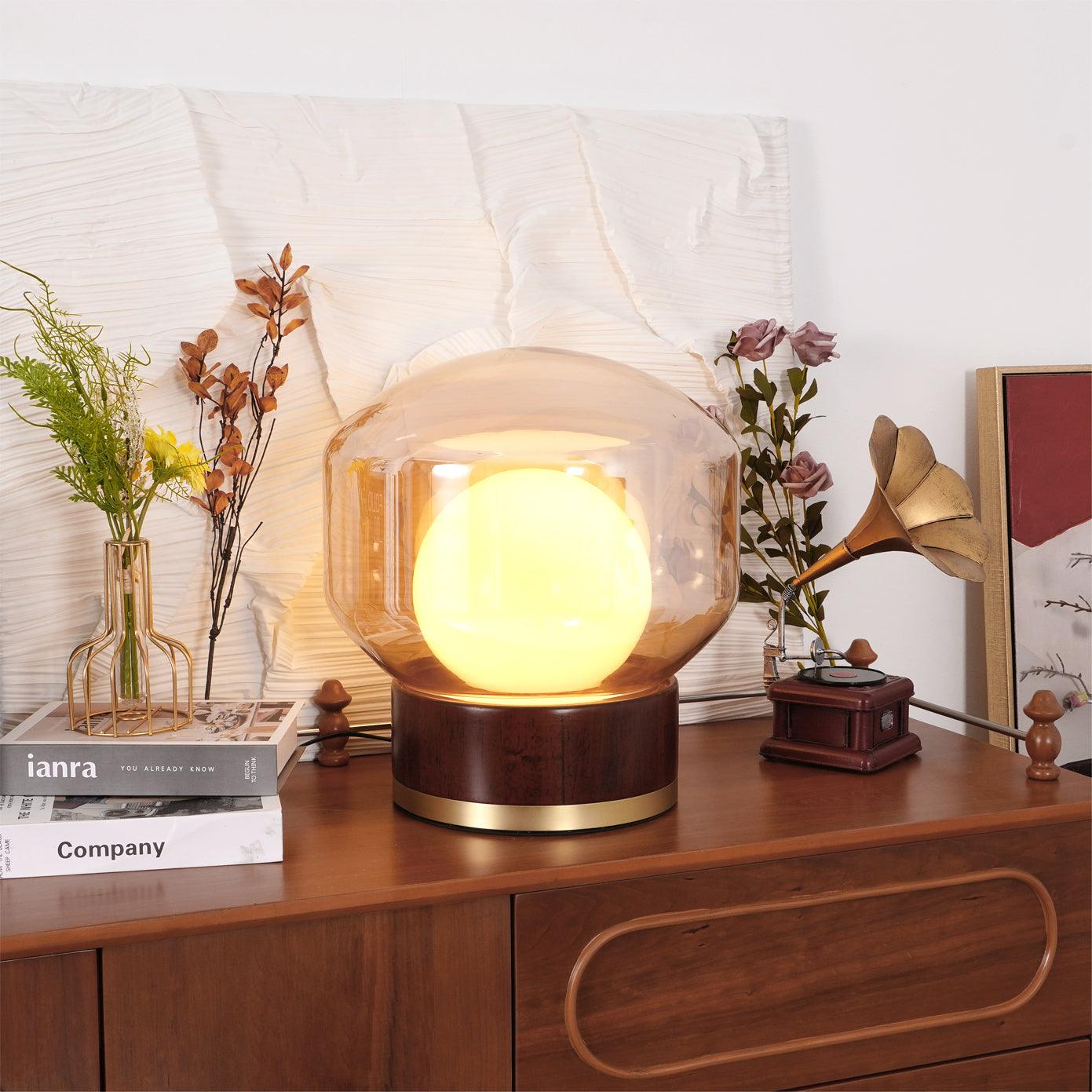 Rigel Contemporary Wood and Metal Table Lamp with Amber Glass Shade for Bedroom