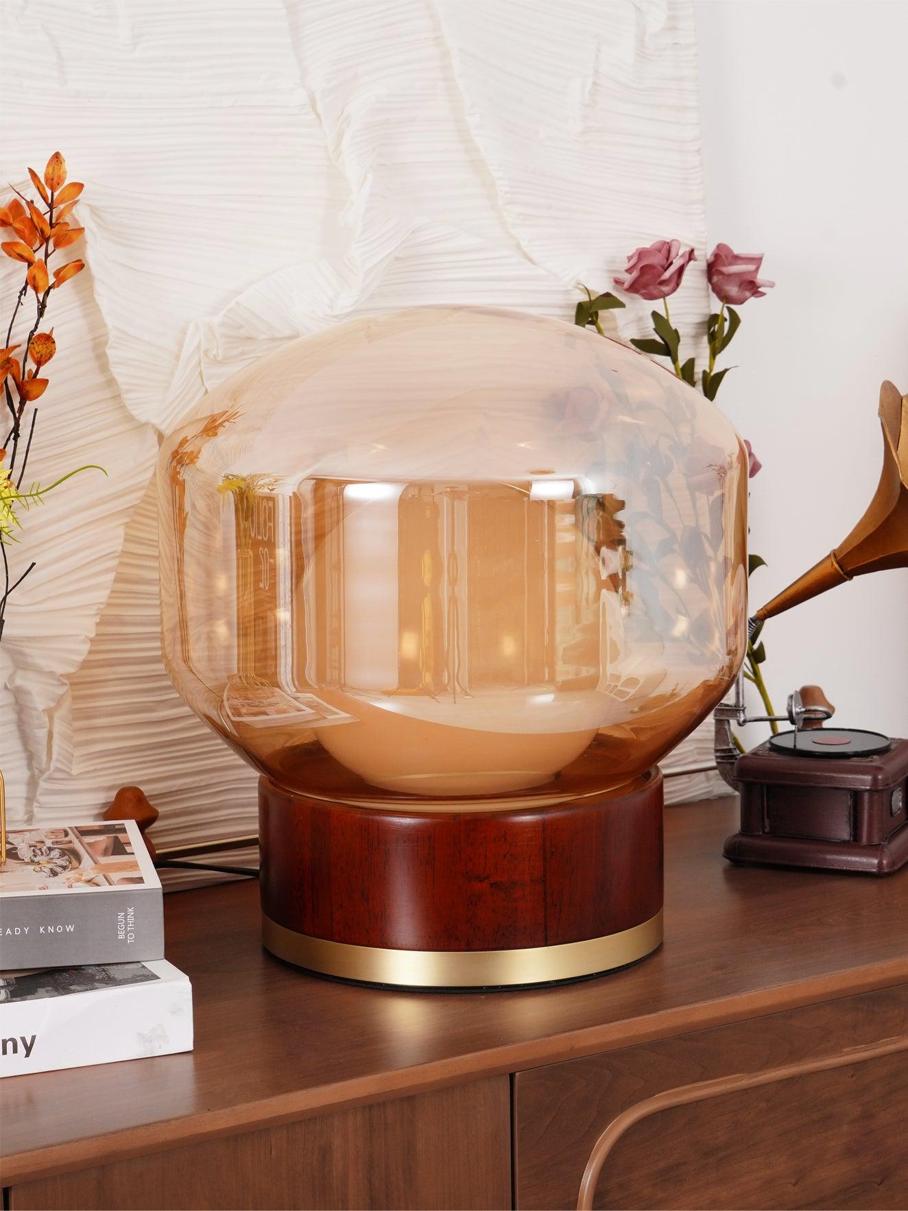 Rigel Contemporary Wood and Metal Table Lamp with Amber Glass Shade for Bedroom