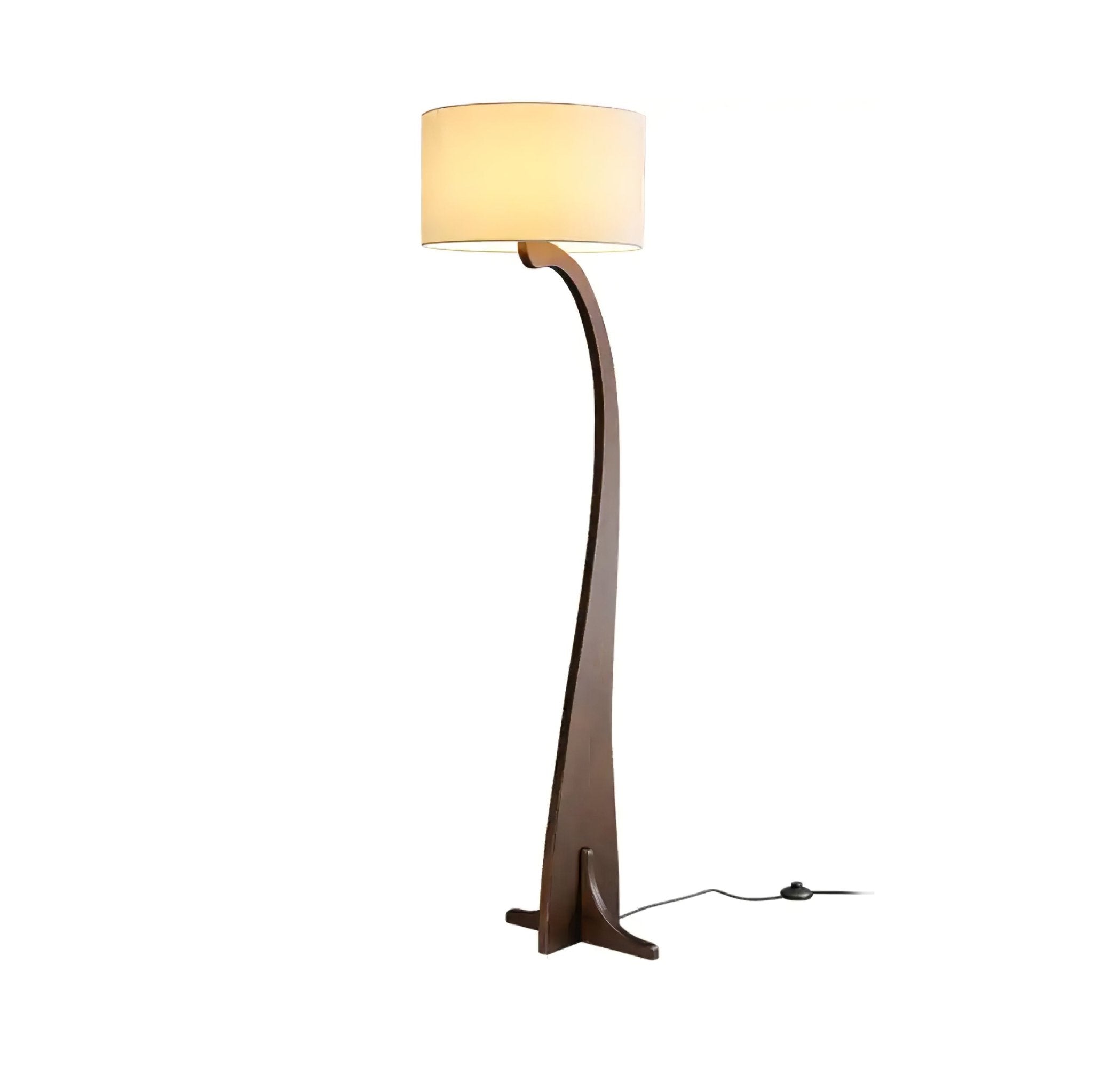 Modern Bow Curve Floor Lamp with Wooden Arch and White Fabric Shade Tall Standing Light