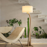 Modern Bow Curve Floor Lamp with Wooden Arch and White Fabric Shade Tall Standing Light