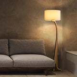 Modern Bow Curve Floor Lamp with Wooden Arch and White Fabric Shade Tall Standing Light