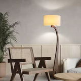 Modern Bow Curve Floor Lamp with Wooden Arch and White Fabric Shade Tall Standing Light