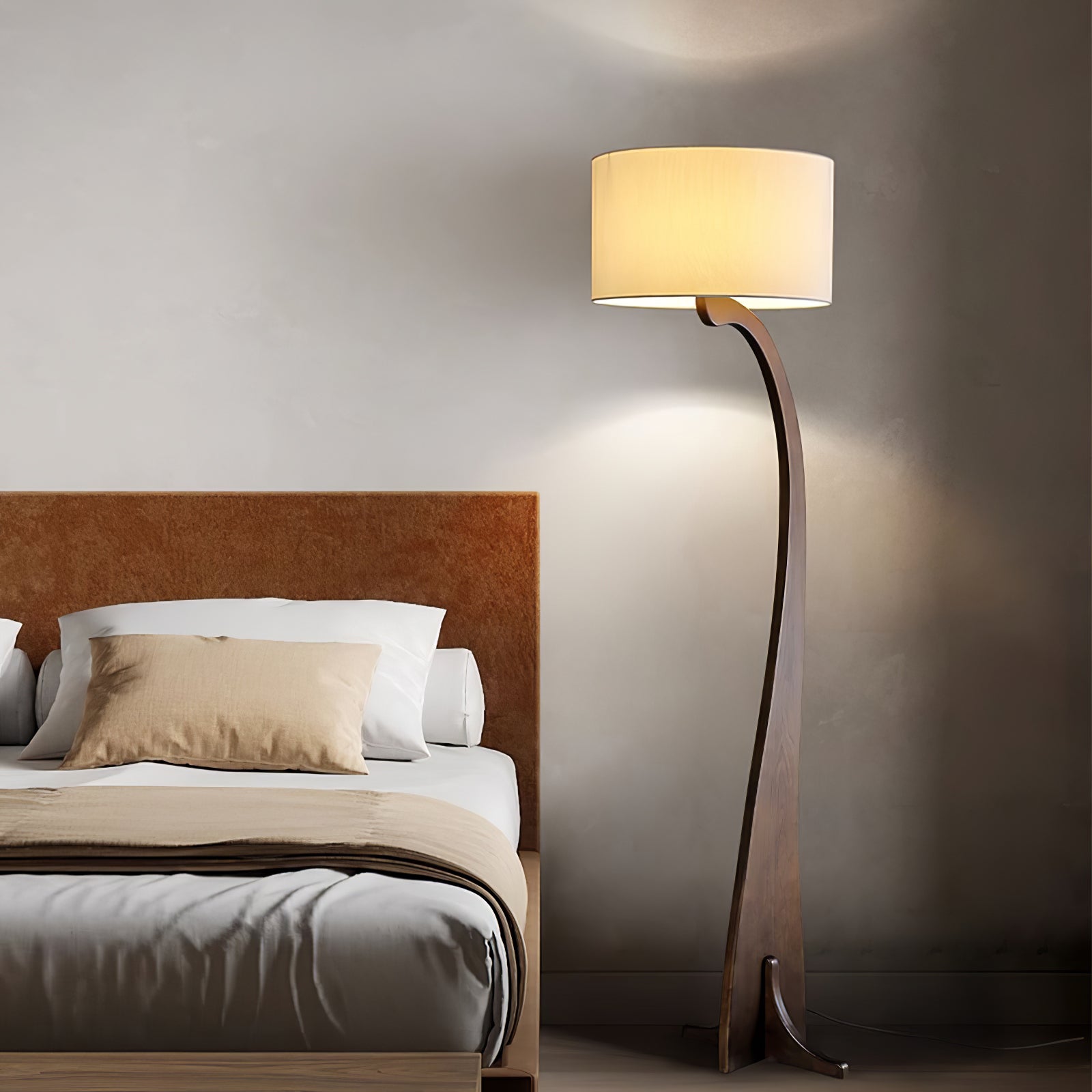 Modern Bow Curve Floor Lamp with Wooden Arch and White Fabric Shade Tall Standing Light