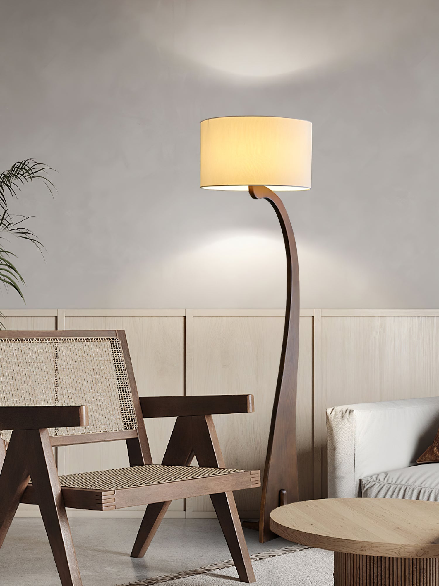 Modern Bow Curve Floor Lamp with Wooden Arch and White Fabric Shade Tall Standing Light
