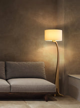 Modern Bow Curve Floor Lamp with Wooden Arch and White Fabric Shade Tall Standing Light
