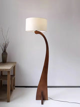 Modern Bow Curve Floor Lamp with Wooden Arch and White Fabric Shade Tall Standing Light
