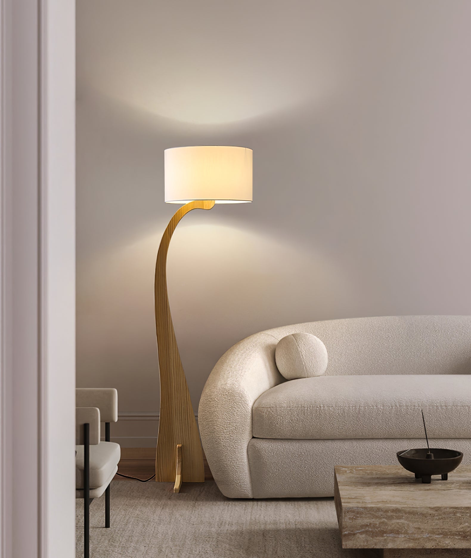 Modern Bow Curve Floor Lamp with Wooden Arch and White Fabric Shade Tall Standing Light