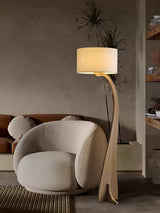 Modern Bow Curve Floor Lamp with Wooden Arch and White Fabric Shade Tall Standing Light