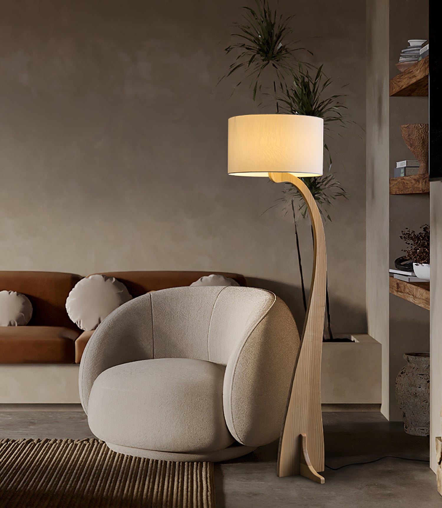 Modern Bow Curve Floor Lamp with Wooden Arch and White Fabric Shade Tall Standing Light