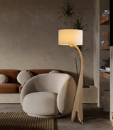Modern Bow Curve Floor Lamp with Wooden Arch and White Fabric Shade Tall Standing Light
