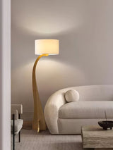 Modern Bow Curve Floor Lamp with Wooden Arch and White Fabric Shade Tall Standing Light
