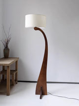 Modern Bow Curve Floor Lamp with Wooden Arch and White Fabric Shade Tall Standing Light