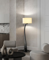 Modern Bow Curve Floor Lamp with Wooden Arch and White Fabric Shade Tall Standing Light