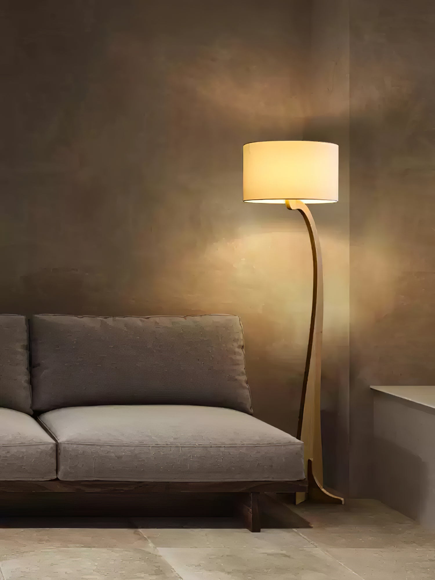 Modern Bow Curve Floor Lamp with Wooden Arch and White Fabric Shade Tall Standing Light