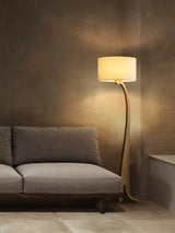 Modern Bow Curve Floor Lamp with Wooden Arch and White Fabric Shade Tall Standing Light