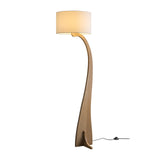 Modern Bow Curve Floor Lamp with Wooden Arch and White Fabric Shade Tall Standing Light