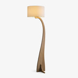 Modern Bow Curve Floor Lamp with Wooden Arch and White Fabric Shade Tall Standing Light